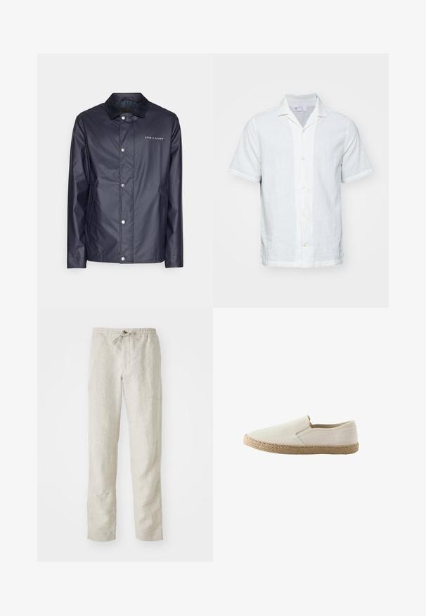 Marine vandtæt jakke med trykknaplukning, blød sort krave, Lyle & Scott-logo og sidelommer. Glat tekstur, afslappet design.; Kortærmet skjorte i let hvidt linned med krave, knaplukning foran og diskret tekstur. Har en lige kant og oprevne ærmer.; Lys beige linnedragt med lige ben, elastisk talje, justerbar snor og ingen synlige mønstre eller metaldele.; Beige slip-on sko med vævet juttesål og ensfarvet stofoverdel, set fra siden mod hvid baggrund.