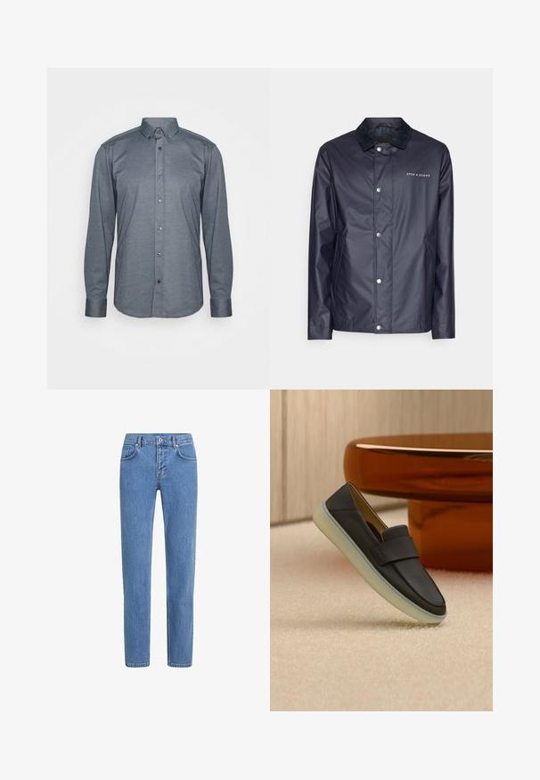 Navy wasserfeste Jacke mit Druckknopfverschluss, weichem schwarzen Kragen, Lyle & Scott-Logo und Seitentaschen. Glatte Oberfläche, lässiges Design.; Langärmliges Hemd mit Knöpfen aus dunkelgrauem Stoff, mit einem Kragen, Frontknöpfen und Manschetten. Glatte Textur mit passgenauer Design.; Helle blaue Jeans aus Denim mit geradem Bein, fünf Taschen und einem Knopfverschluss. Der Stoff hat eine strukturierte Oberfläche mit dezentem Verblassen.; Schwarzer Lederloafer mit dicker weißer Sohle, dargestellt auf beigem Teppich neben einem runden, bernsteinfarbenen Tisch.