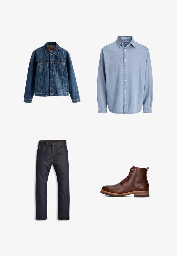 Klassische blaue Jeansjacke mit Knopfleiste vorne, zwei Brusttaschen mit Knöpfen und zwei Seitentaschen, dargestellt auf weißem Hintergrund.; Himmelblaue Jeanshemd mit langen Ärmeln, Kragen und weißen Knöpfen, präsentiert vor einem schlichten weißen Hintergrund.; Dunkelblaue Jeans aus Denim mit geradem Schnitt, Fünf-Taschen-Design, metallischen Komponenten und kontrastierenden orangen Nähten. Glatte Textur, keine sichtbaren Muster.; Braune Leder-Ankle-Boots mit runder Zehenpartie, Schnürdesign, kontrastierendem Absatz und Laufsohle sowie geprägtem Logo an der Seite.