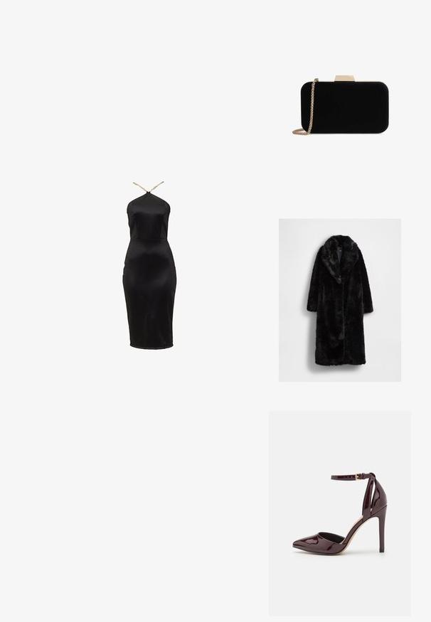 Schwarzer Kunstpelzmantel mit großem Kragen, langen Ärmeln und lockerer Passform, der eine weiche, strukturierte Oberfläche aufweist und keine sichtbaren Verschlüsse hat.; Schwarzes Satin-Bodycon-Kleid mit Neckholder-Design. Es zeichnet sich durch eine figurbetonte Silhouette und einen dezenten Glanz aus. Dünne goldene Träger betonen den Ausschnitt.; Burgunderrotes patentiertes Leder hochhackiges Schuhwerk mit spitzer Zehe, Knöchelriemen und einem 10 cm hohen Stiletto-Absatz. Glatte Textur und minimale Details.; Schwarze Samt-Clutch mit goldfarbener Hardware, rechteckiger Form und Kettenriemen, mit glatter Textur und ohne sichtbare Muster.