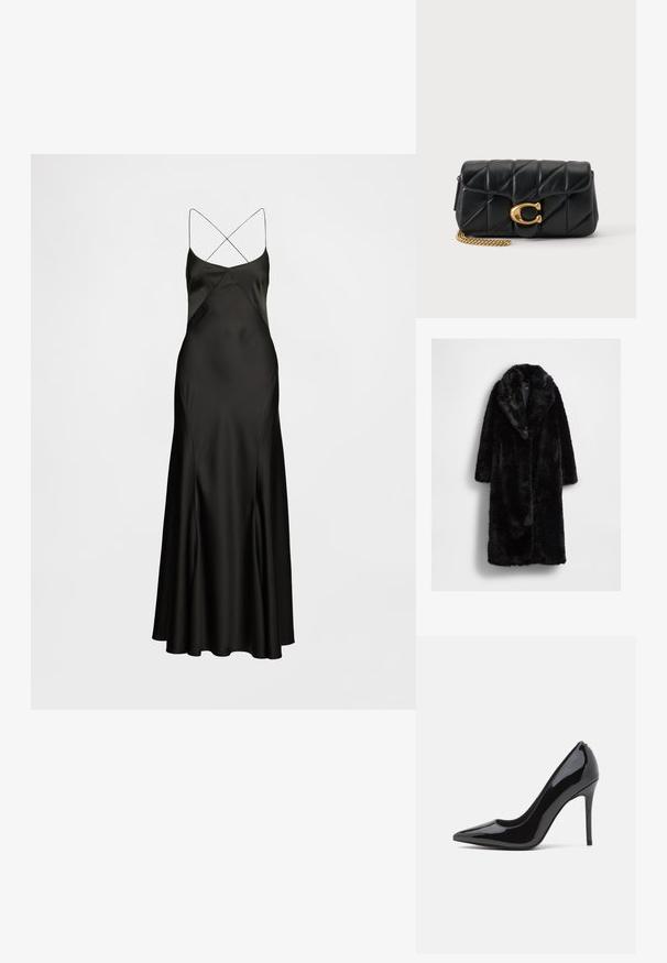 Abrigo de piel sintética negra con un gran cuello, mangas largas y un ajuste relajado, que presenta una superficie suave y texturizada sin cierres visibles.; Vestido de satén negro tipo slip con finas tirantes cruzados en los hombros, silueta en línea A y textura suave y fluida. Diseño de largo hasta el suelo.; Zapato de tacón alto de charol negro con punta afilada y textura suave, con un delgado tacón de aguja. Sin adornos visibles.; Clutch de piel negra acolchada con cadena metálica dorada y gran cierre con logo "C" dorado en la solapa frontal.