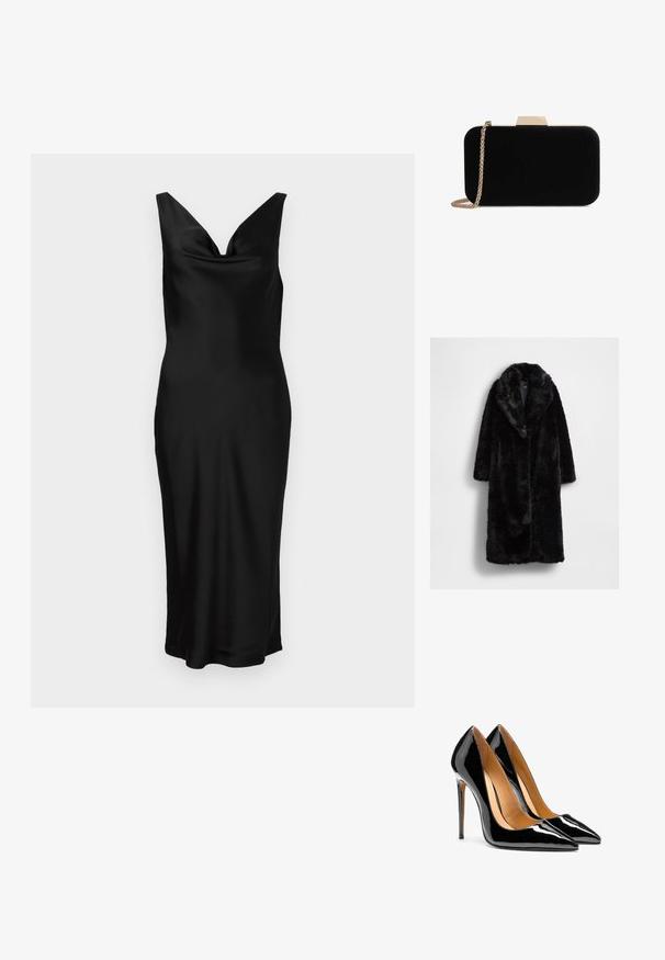 Abrigo de piel sintética negra con un gran cuello, mangas largas y un ajuste relajado, que presenta una superficie suave y texturizada sin cierres visibles.; Vestido de satén negro con escote en V y diseño sin mangas. El ajuste ceñido presenta un cuerpo drapeado y cae hasta la mitad de la pantorrilla. Textura suave.; Par de tacones altos de charol negro brillante con punta afilada, tacones de aguja y forro interior color beige sobre fondo blanco.; Clutch de terciopelo negro con herrajes en tono dorado, de forma rectangular y con correa de cadena, que presenta una textura suave y sin patrones visibles.
