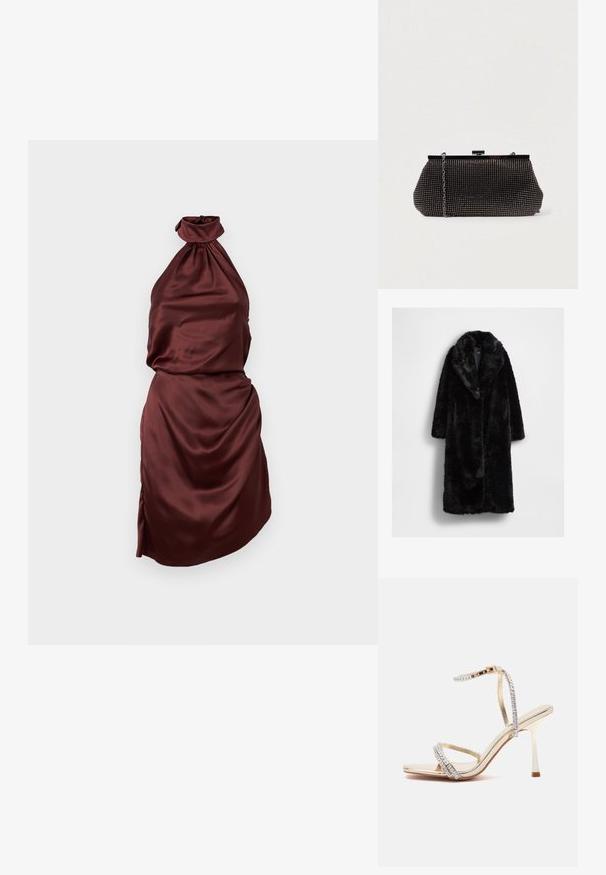 Sort faux pelsfrakke med stor krave, lange ærmer og afslappet pasform, med en blød, tekstureret overflade og uden synlige lukninger.; Bordeaux satin halterneck kjole med en samlet halsudskæring, tætsiddende liv og draperet nederdel med en sideslids. Glat tekstur.; Guldfarvet sandal med høje hæle med tynde stropper pyntet med små klare rhinsten og en ankelrem med spændelukning.; Sort mesh clutch-taske med en struktureret silhuet, prydet med små metalstuds, har en låsemekanisme og en aftagelig kæderekke.