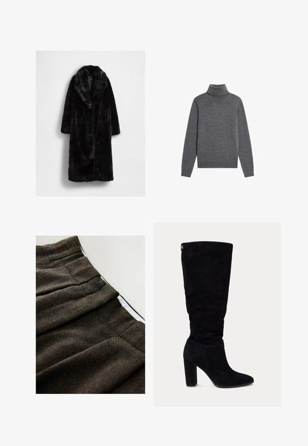 Manteau en fausse fourrure noire avec grand col, manches longues et coupe décontractée, présentant une surface douce et texturée sans fermetures visibles.; Pull à col roulé gris foncé à manches longues avec poignets et ourlet côtelés, présenté à plat sur un fond blanc.; Tissu à motif chevron marron avec des plis, doté d'une doublure intérieure blanche lisse le long de la taille. Matériau en laine texturé.; Botte femme en daim noir montante jusqu’au genou avec talon bloc et bout pointu, avec une petite étiquette logo dorée près du haut à l’arrière.
