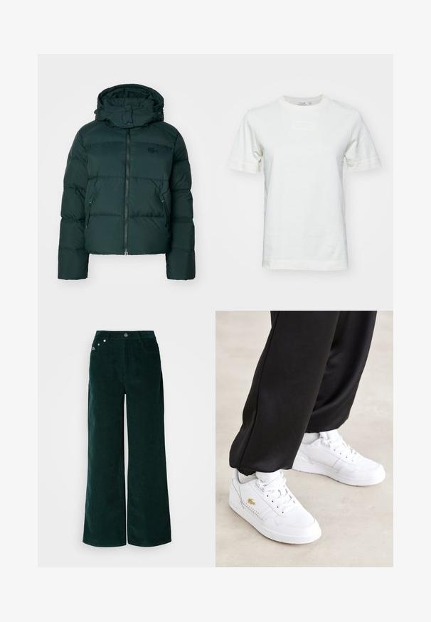 Chaqueta acolchada verde con un collar alto, cierre delantero y bolsillos laterales. Presenta un sutil logo de la marca en el pecho y una capucha.; Camiseta blanca de algodón con mangas cortas, cuello redondo y un logo "LACOSTE" texturizado en el frente. Tejido suave con un corte regular.; Pantalones de pana de pierna ancha en verde oscuro. Presentan una textura acanalada horizontal, bolsillos frontales y cierre con botones con detalles de marca.; Zapatillas de cuero blancas con diseño de cordones, acentos perforados y detalle del logo en dorado. Suela texturizada y acolchado para mayor comodidad.
