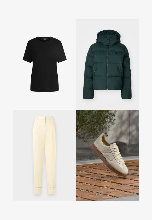 Chaqueta acolchada verde con un collar alto, cierre delantero y bolsillos laterales. Presenta un sutil logo de la marca en el pecho y una capucha.; Camiseta negra de manga corta hecha de suave algodón, con cuello redondo y una textura lisa. Diseño simple sin patrones ni acentos.; Pantalones a medida color crema de cintura alta con pliegues, piernas entalladas y puños remangados en los tobillos, exhibidos contra un fondo liso.; Zapatilla de color crema con suela de goma beige texturizada, diseño con cordones y sutiles detalles de marca en el lateral. Parte superior de cuero liso.