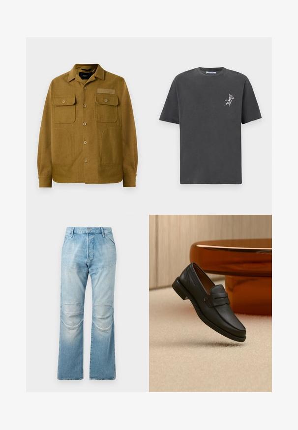 Braune Wollhemdjacke mit spitzem Kragen, zwei Brusttaschen und durchgehender Knopfleiste. Texturiertes Gewebe mit einem dezenten Muster.; Dunkelgraues T-Shirt mit kurzen Ärmeln aus Baumwolle, versehen mit einer kleinen weißen Blumenstickerei im linken Brustbereich. Rundhalsausschnitt, lockere Passform.; Helle blaue, hochgeschnittene Jeans mit geradem Schnitt, ausgestattet mit Knieflicken und einer ausgewaschenen Textur. Metallknopfverschluss an der Taille.; Schwarzer Leder-Herrenloafer mit einem Band über dem Spann, auf beigem Teppich neben einem braunen modernen runden Tisch präsentiert.