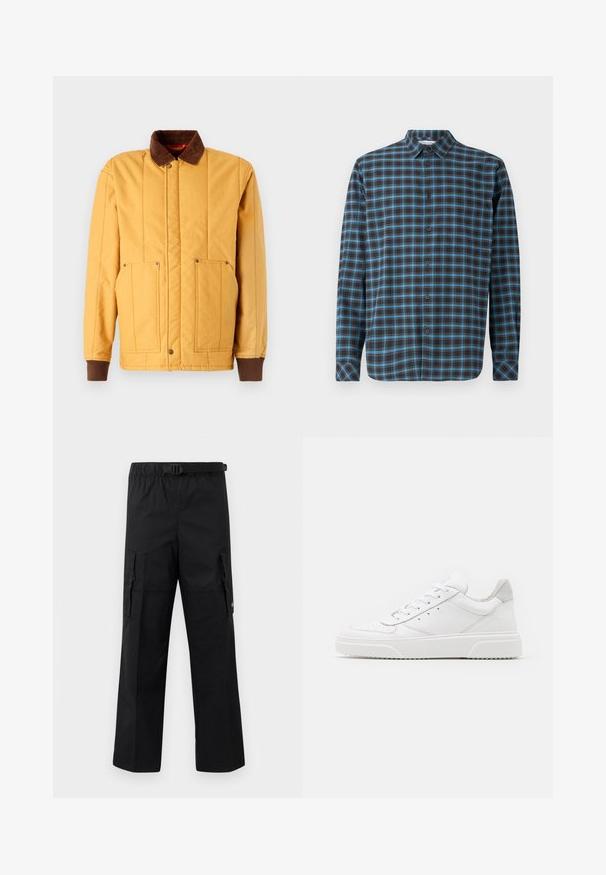 Brixton BUILDERS RANCH - Übergangsjacke - spruce yellow; Samsøe Samsøe LIAM - Hemd - turkish coffee; Schwarze Cargo-Hosen mit weitem Schnitt, verstellbarem Bund mit Schnalle und zwei Seitentaschen zur Aufbewahrung. Leichtes Material.; Weiße Leder-Sneaker mit glatter Oberfläche, rundem Zehenbereich, flachen Schnürsenkeln und strukturiertem Schuhsohlen. Graues Wildleder-Detail an der Ferse.