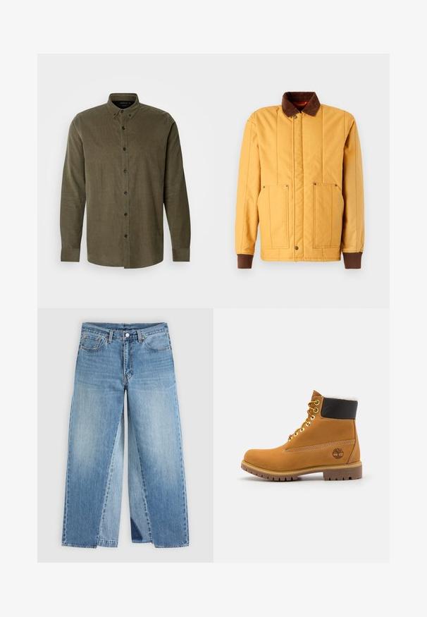 Brixton BUILDERS RANCH - Veste mi-saison - spruce yellow; Chemise en velours côtelé vert olive avec des manches longues, col boutonné, patte de boutonnage avant et boutons en plastique noirs. Tissu à texture douce.; Jean droit en denim bleu avec un design classique à cinq poches et une fermeture à boutons à l'avant, présenté à plat sur un fond neutre.; Bottine en cuir brun avec œillets en métal, doublure en fourrure blanche, col rembourré noir, semelle robuste et logo en relief sur le côté.