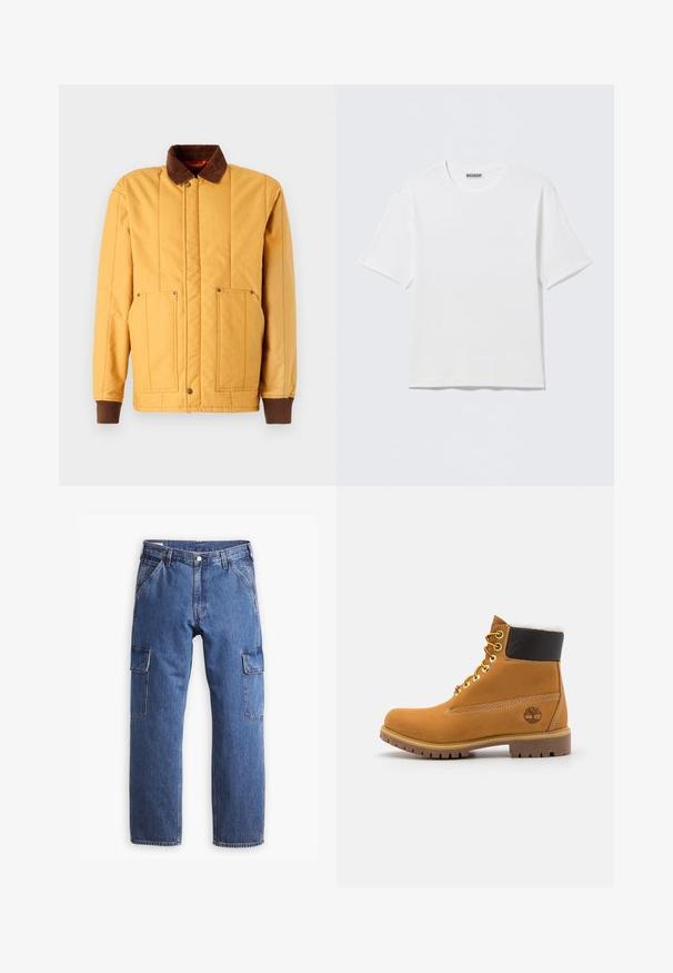 Brixton BUILDERS RANCH - Overgangsjakke - spruce yellow; Hvid, kortærmet t-shirt med rund hals og et lille "WEEKDAY"-mærke på indersiden af bagkraven, vist på en flad overflade.; Blå denim cargo bukser med lige ben-design, to sidelommer og synlige sømdetaljer. Generelt en afslappet og funktionel stil.; Brune læder ankelstøvle med metaløjer, hvid pelsforing, sort polstret krave, robust sål og præget logo på siden.
