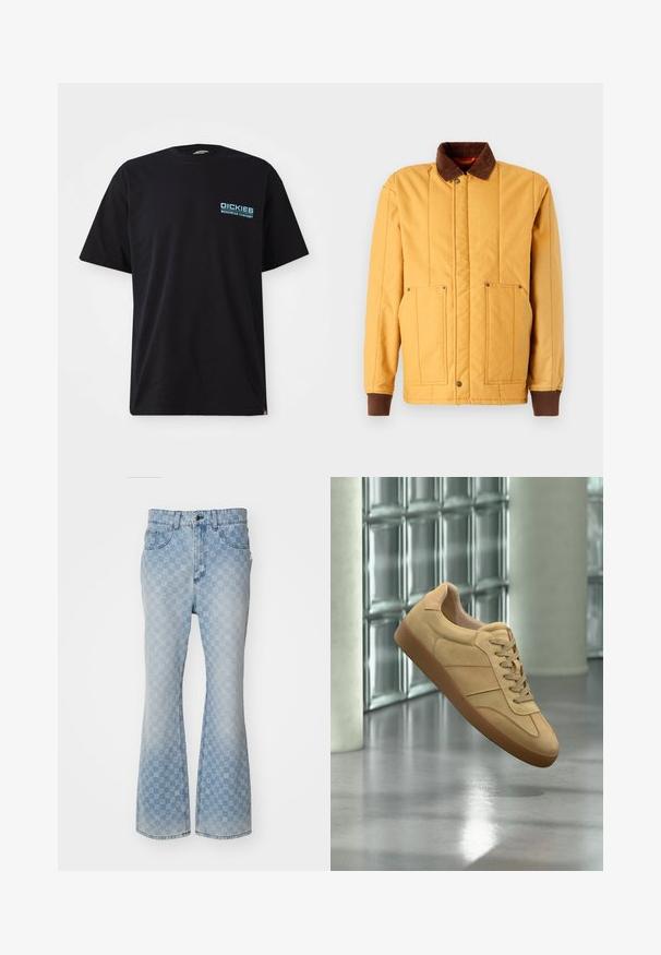 Brixton BUILDERS RANCH - Übergangsjacke - spruce yellow; Schwarzes Baumwoll-T-Shirt mit kurzen Ärmeln, das ein blaues "DICKIES WORKWEAR COMPANY"-Logo auf der linken Brust trägt. Klassischer Rundhalsausschnitt.; Hellblaue Jeans mit weitem Bein, die ein Allover-Logo-Muster, fünf Taschen, einen Knopfverschluss und eine leicht ausgebleichte Optik aufweisen.; Beiger Veloursleder-Sneaker mit Gummisohle, Schnürdesign, schwebt drinnen auf poliertem Betonboden nahe einer Glassteinwand.