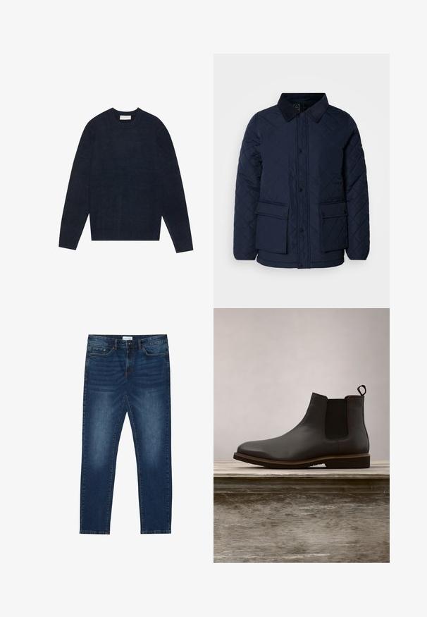 Veste matelassée marine avec un col en velours côtelé, présentant une fermeture à boutons-pression et deux poches frontales, confectionnée dans un tissu doux et texturé.; Pull bleu marine à col rond en tissu doux, avec des poignets et un ourlet côtelés, et une texture lisse avec un minimum de détails.; Jean slim-fit bleu foncé avec des détails délavés, design classique à cinq poches, fermeture à bouton et passants de ceinture.; Bottine Chelsea en cuir noir avec des panneaux élastiques sur les côtés et un bout arrondi, dotée d'une semelle texturée et de détails de couture subtils, surélevée au-dessus d'une surface en bois.