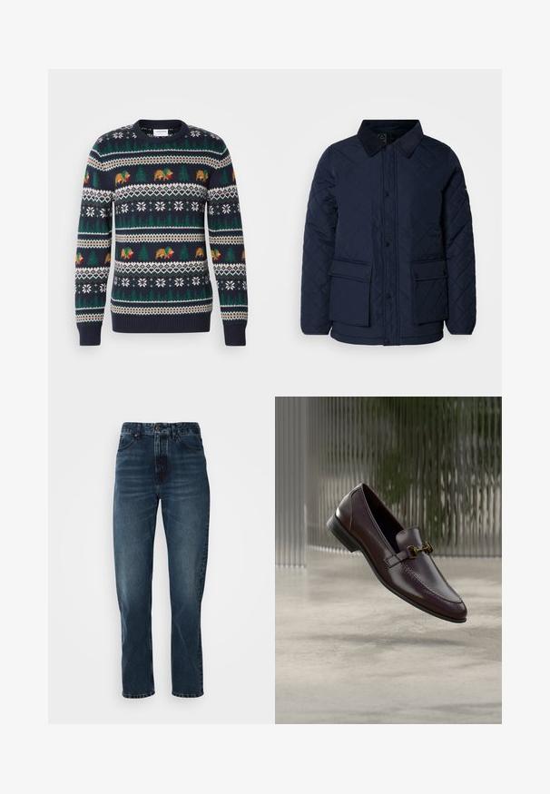 Veste matelassée marine avec un col en velours côtelé, présentant une fermeture à boutons-pression et deux poches frontales, confectionnée dans un tissu doux et texturé.; Pull en tricot bleu marine avec un motif de vacances comprenant des ours, des arbres et des flocons de neige en vert, marron et blanc. Bords côtelés aux poignets et à l'ourlet.; Jeans droits bleu foncé avec fermeture à bouton et zip à l'avant, design à cinq poches, et subtile décoloration sur les cuisses et les genoux.; Mocassin en cuir marron à finition lisse, bout carré, et accent en métal doré. Dispose d'un talon bas et de détails de couture subtils.