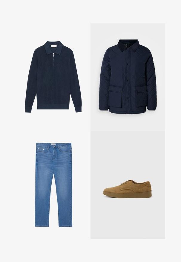 Veste matelassée marine avec un col en velours côtelé, présentant une fermeture à boutons-pression et deux poches frontales, confectionnée dans un tissu doux et texturé.; Polo en tricot bleu marine foncé à manches longues avec une texture côtelée et une courte fermeture éclair argentée au col.; Jeans en denim bleu clair avec une coupe droite, design à cinq poches, décoloration subtile et accents en métal au niveau de la taille et des poches.; Chaussure décontractée à lacets en daim marron avec semelle en caoutchouc plate, vue de côté sur un fond clair uni.