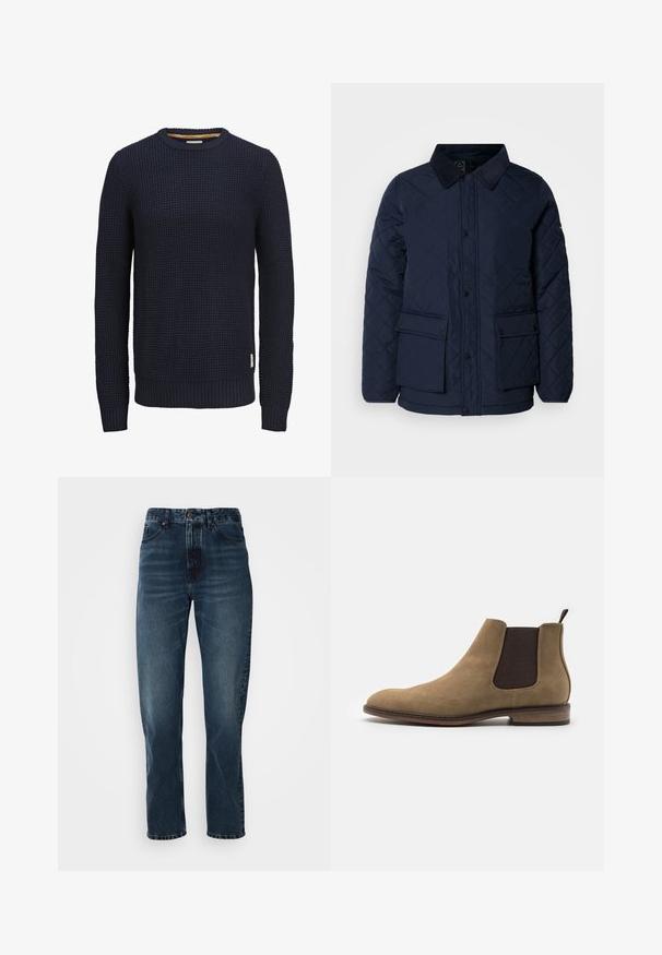 Veste matelassée marine avec un col en velours côtelé, présentant une fermeture à boutons-pression et deux poches frontales, confectionnée dans un tissu doux et texturé.; Pull à col rond à manches longues en maille bleu marine avec motif gaufré texturé et poignets et ourlet côtelés.; Jeans droits bleu foncé avec fermeture à bouton et zip à l'avant, design à cinq poches, et subtile décoloration sur les cuisses et les genoux.; Pier One by Zalando Bottines - beige