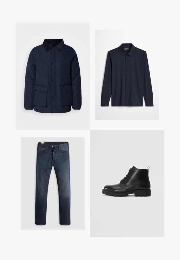 Navy Steppjacke mit einem cordartigen Kragen, ausgestattet mit Druckknopfverschluss und zwei Vordertaschen, gefertigt aus einem weichen, strukturierten Stoff.; Dunkel marineblaues, langärmliges Hemd mit Knöpfen, Kragen und einem dezenten bestickten Logo auf der linken Brust vor hellem Hintergrund.; Dunkelblaue Denim-Jeans mit geradem Bein, ausgestattet mit einem Reißverschluss, Metallknöpfen und Kupfernieten. Glatte Textur, keine sichtbaren Muster.; Schwarze Leder Stiefeletten mit runder Zehe, Schnürverschluss und strukturiertem Gummisohle. Mit einer Ziehlasche an der Ferse für einfaches Anziehen.