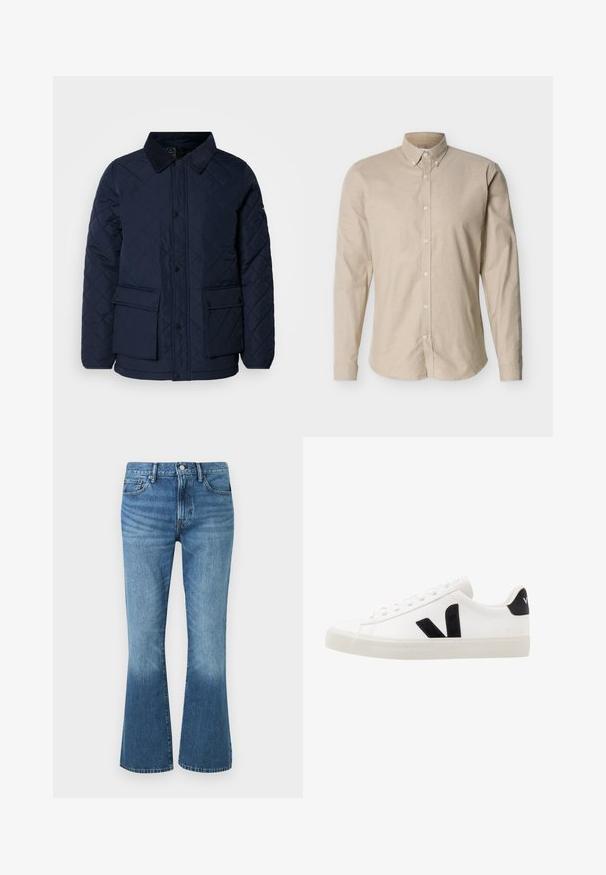 Navy Steppjacke mit einem cordartigen Kragen, ausgestattet mit Druckknopfverschluss und zwei Vordertaschen, gefertigt aus einem weichen, strukturierten Stoff.; Beige Langarm-Hemd mit Knopfleiste und einem Button-Down-Kragen sowie einer taillierten Passform, auf neutralem Hintergrund präsentiert.; Blaue Jeans aus Denim mit hoher Taille und ausgestellten Beinen, mit Fronttaschen, Gürtelschlaufen und Knopfverschluss.; Weiße Leder-Sneaker mit schwarzen Wildlederelementen; verfügen über eine Gummisohle, eine runde Spitze und ein klassisches Schnürdesign. Seitliches Logo in Schwarz.