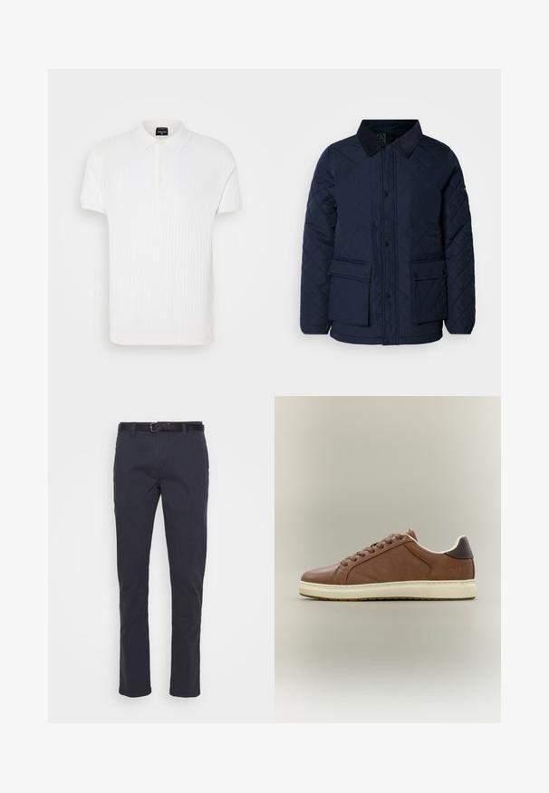 Veste matelassée marine avec un col en velours côtelé, présentant une fermeture à boutons-pression et deux poches frontales, confectionnée dans un tissu doux et texturé.; Polo-shirt blanc à manches courtes avec un motif en maille texturée, col classique et patte de boutonnage à trois boutons. Fini en tissu lisse.; Pantalons en coton bleu marine avec une coupe droite. Présentent une ceinture en cuir noir et des poches avant. Texture lisse avec une coupe décontractée.; Baskets basses en cuir marron avec semelle en caoutchouc crème et patch talon marron foncé, design à lacets sur le côté, sur fond neutre.