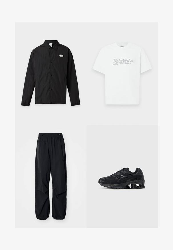 Čierna ľahká bunda na gombíky s dlhými rukávmi, golierom a malým bielym logom "Nike SB" na ľavej strane hrude.; Biele tričko s krátkym rukávom s čiernym obrysom loga "Dickies" napísaným na hrudi, jednoduché pozadie.; Čierne ľahké cargo nohavice s elastickým pásom, bočnými zipsami a priestrannými vreckami. Majú voľný strih a zúžené manžety.; Čierna športová obuv s hornou časťou z mikrovlákna, polstrovaným golierom a výraznou tlmiacou technológiou na päte. Má textúrované detaily a šnúrky.