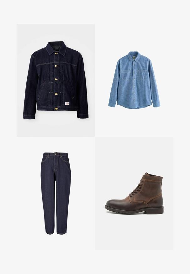 Donkerblauwe spijkerjack met een klassiek ontwerp, gouden knopen, twee voorzakken en zichtbare stiksel details. Zachte textuur en gestructureerde vorm.; Blauw chambray overhemd met lange mouwen, knoopsluiting aan de voorkant en twee borstzakken, plat gelegd op een witte achtergrond.; Donkerdenim jeans met een recht gesneden ontwerp, voorzien van traditionele vijf-pocket styling, subtiele gouden stiksels en een metalen knoopsluiting.; Jack & Jones JFWDELANEY BOOT - Veterboots - cognac