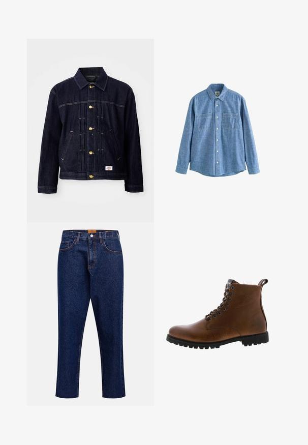 Mørkeblå denimjakke med klassisk design, gyldne knapper, to forlommer og synlige syningsdetaljer. Blød tekstur og struktureret form.; Langærmet blå chambray-skjorte med knaplukning foran og to brystlommer, lagt fladt på en hvid baggrund.; Mørkeblå denimjeans med lige snit, høj talje, fem lommer og frynset kant. Kontrastsyning og detalje med knaplukning.; Brune læder ankelstøvler med tekstureret overflade, metaløjer og sort gummisål. Har en træktab bagpå for nem påtagning.