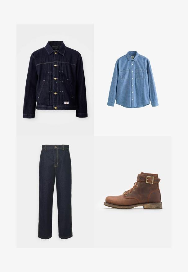 Mørkeblå denimjakke med klassisk design, gyldne knapper, to forlommer og synlige syningsdetaljer. Blød tekstur og struktureret form.; Langærmet blå chambray-skjorte med knaplukning foran og to brystlommer, lagt fladt på en hvid baggrund.; Bredde ben mørke denim jeans med gul syning, der har en frontlukning med knap og sidelommer. Glat tekstur og traditionelt design.; Harley Davidson VNTGMOTO SHORT RIDING APPROVED - Cowboy- / bikerstøvlette - brown