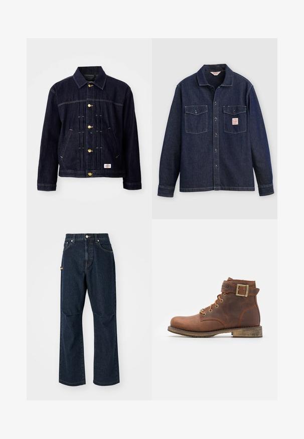 Mørkeblå denimjakke med klassisk design, gyldne knapper, to forlommer og synlige syningsdetaljer. Blød tekstur og struktureret form.; Mørk denimskjorte med krave, to brystlommer og knaplukning foran. Har kontrastsyninger og en label på venstre lomme.; Mørkeblå denim jeans med lige ben, frontlommer og en sidelomme. Har stiklinger i kontrastfarve og en knap i taljen.; Harley Davidson VNTGMOTO SHORT RIDING APPROVED - Cowboy- / bikerstøvlette - brown