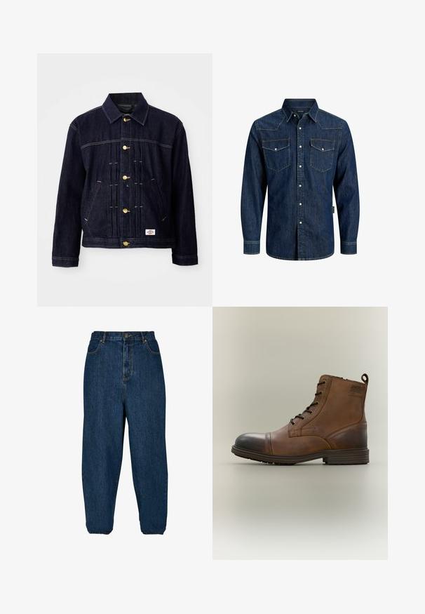 Veste en denim bleu foncé avec un design classique, boutons dorés, deux poches avant et détails de couture visibles. Texture douce et forme structurée.; Chemise en denim bleu foncé à manches longues avec fermeture boutonnée, deux poches poitrine avant boutonnées et col pointu.; Jean en denim bleu foncé avec une coupe décontractée, taille haute et poignets élastiques. Il dispose d'une fermeture à bouton à l'avant et de cinq poches.; Botte cheville en cuir marron à lacets avec bout noir, semelle ronde et détail de marque sur le côté sur fond uni.