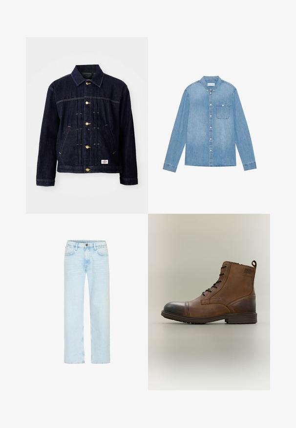 Mørkeblå denimjakke med klassisk design, gyldne knapper, to forlommer og synlige syningsdetaljer. Blød tekstur og struktureret form.; Lys blå denim skjorte med knapper, lange ærmer, spids krave, en enkelt brystlomme og subtil falmning på stoffet.; Lyseblå denim jeans har et lige ben-design med en klassisk knaplukning, fem lommer og subtilt slid for tekstur.; Brun læderstøvle med snørebånd, sort tåhætte, rund sål og mærket detalje på siden mod ensfarvet baggrund.
