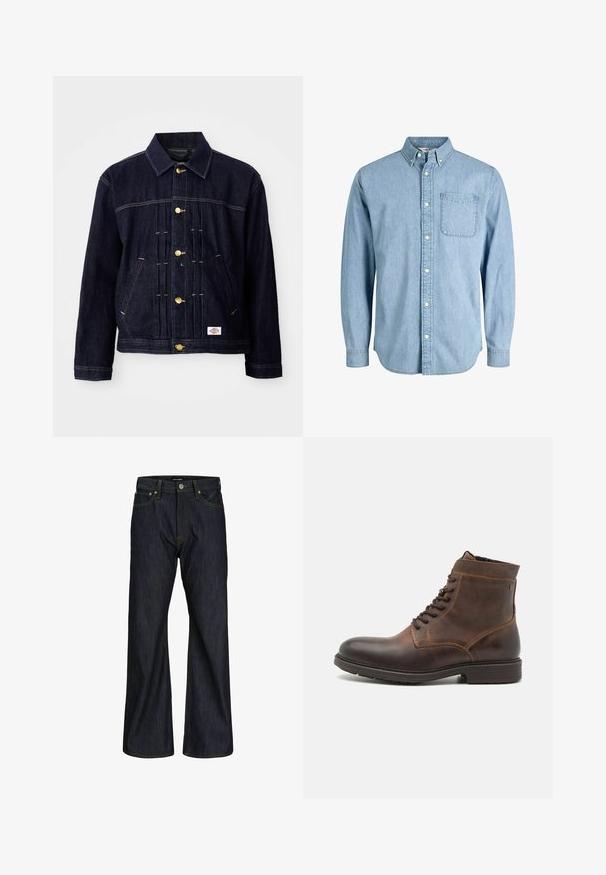 Veste en denim bleu foncé avec un design classique, boutons dorés, deux poches avant et détails de couture visibles. Texture douce et forme structurée.; Chemise en denim bleu clair à boutons, manches longues, col, poche avant et texture subtile. Présente des boutons blancs le long de la patte de boutonnage.; Jeans bleu foncé à coupe droite avec cinq poches, fermeture par bouton et couture orange visible sur la taille et les coutures.; Jack & Jones JFWDELANEY BOOT - Bottines à lacets - cognac