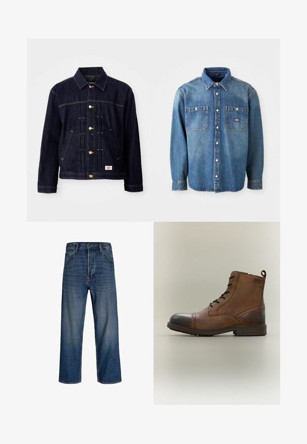 Donkerblauwe spijkerjack met een klassiek ontwerp, gouden knopen, twee voorzakken en zichtbare stiksel details. Zachte textuur en gestructureerde vorm.; Denim overhemd in medium blauw, met een puntige kraag, twee borstzakken en zilveren knopen. Lange mouwen met knoopmanchetten.; Denim jeans met een recht model, donkere blauwtint en subtiele vervaging. Voorzien van vijf zakken en een knoopsluiting.; Bruine leren enkellaars met veters, zwarte neuskap, ronde zool en merkdetail aan de zijkant tegen een effen achtergrond.