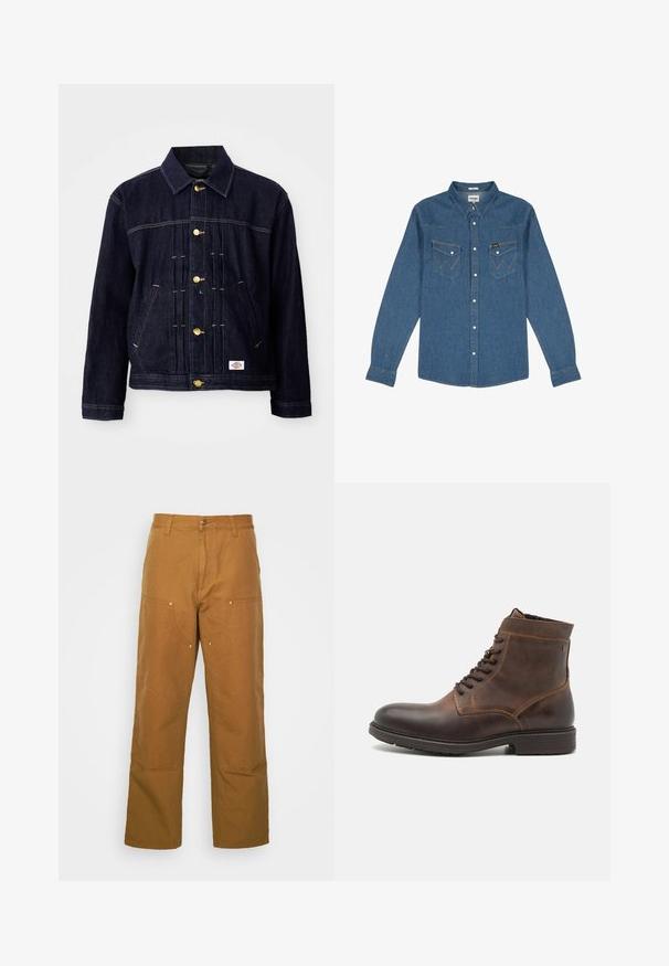 Mørkeblå denimjakke med klassisk design, gyldne knapper, to forlommer og synlige syningsdetaljer. Blød tekstur og struktureret form.; Denimskjorte i mellemblå med spidse kraver, knaplukning foran, to brystlommer og kontrastsyet detaljer. Lange ærmer.; Brune bomuldsarbejdsbukser med lige ben-design, der har frontlommer og metalhardware detaljer for ekstra holdbarhed.; Jack & Jones JFWDELANEY BOOT - Snørestøvletter - cognac