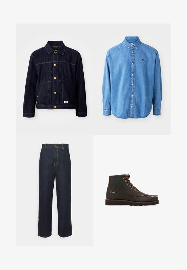 Mørkeblå denimjakke med klassisk design, gyldne knapper, to forlommer og synlige syningsdetaljer. Blød tekstur og struktureret form.; Denim button-down skjorte, lyseblå i farven, med krave, lange ærmer og et lille logo på brystet. Har hvide knapper og syninger.; Bredde ben mørke denim jeans med gul syning, der har en frontlukning med knap og sidelommer. Glat tekstur og traditionelt design.; Sebago Snørestøvletter - marrone