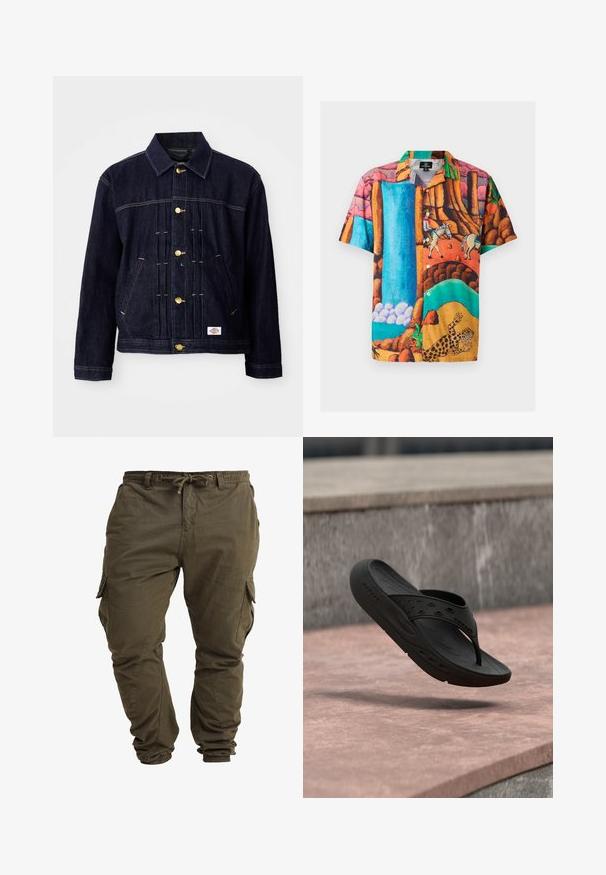 Mørkeblå denimjakke med klassisk design, gyldne knapper, to forlommer og synlige syningsdetaljer. Blød tekstur og struktureret form.; Kortærmet skjorte med knapper, prydet med et farverigt landskabsprint af vandfald, heste og en leopard, på et struktureret stof.; Olivenfarvede cargo-bukser lavet af blød bomuld, med justerbar taljesnor, elastiske cuffs og sidelommer.; Sort gummiflipflop med huller og tekstureret sål, der svæver over en lyserød betongulv og en grå stenvæg.