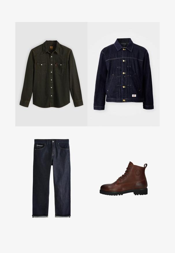 Mørkeblå denimjakke med klassisk design, gyldne knapper, to forlommer og synlige syningsdetaljer. Blød tekstur og struktureret form.; Langærmet sort denimskjorte med spids krave, to brystlommer, sølvknapper og gule syninger. Klassisk western-design.; Mørkeblå denimjeans med en klassisk lige pasform, der har fem lommer, knaplukning og op rullede manchetter, som viser en lys blå foring.; Brune læder ankelstøvle med en struktureret overflade, seks snørrehuller, en sort gummisål og en løkke for nem påtagning.
