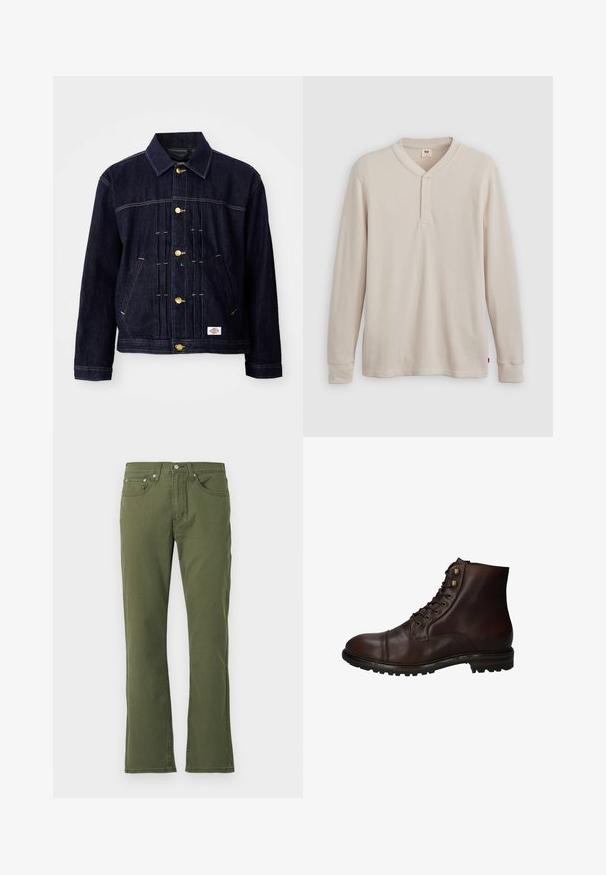 Mørkeblå denimjakke med klassisk design, gyldne knapper, to forlommer og synlige syningsdetaljer. Blød tekstur og struktureret form.; Langærmet henley-skjorte i lys beige ribbet stof, med V-hals, tre-knap placket og manchetter ved ærmerne. Rød logo-tags ved kanten.; Olivengrønne flared jeans lavet af bomuld med en glat tekstur; har fem lommer, en knaplukning og diskrete stikninger.; Mørkebrun læder snørebånd ankelstøvle med robuste gummisål og metaløjer, set fra den ydre side.