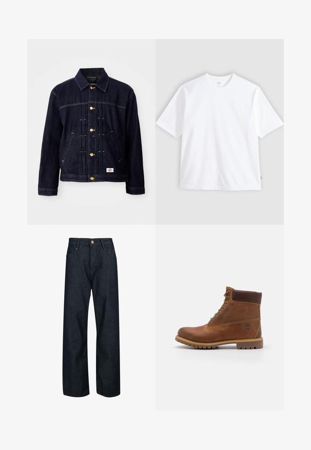 Mørkeblå denimjakke med klassisk design, gyldne knapper, to forlommer og synlige syningsdetaljer. Blød tekstur og struktureret form.; Hvid t-shirt med korte ærmer lavet af bomuld, med rund hals og lige snit. Mærke synligt på den nederste side af kanten.; Mørkeblå denim jeans med lige pasform, der har knaplukning, fem lommer og kontrastsyninger på sømmene.; Brun læder vandrestøvle med en glat finish, polstret ankel, metalliske snørehuller og en gummisål med et robust dækmønster.