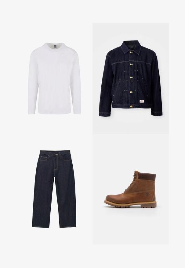 Mørkeblå denimjakke med klassisk design, gyldne knapper, to forlommer og synlige syningsdetaljer. Blød tekstur og struktureret form.; Langærmet t-shirt med rund hals i hvidt bomuldsstof. Glat tekstur med et enkelt design uden synlige mønstre eller accenter.; Mørkeblå denimbukser med løs pasform, med gyldne syninger, frontknaplukning og to sidelommer.; Brun læder vandrestøvle med en glat finish, polstret ankel, metalliske snørehuller og en gummisål med et robust dækmønster.