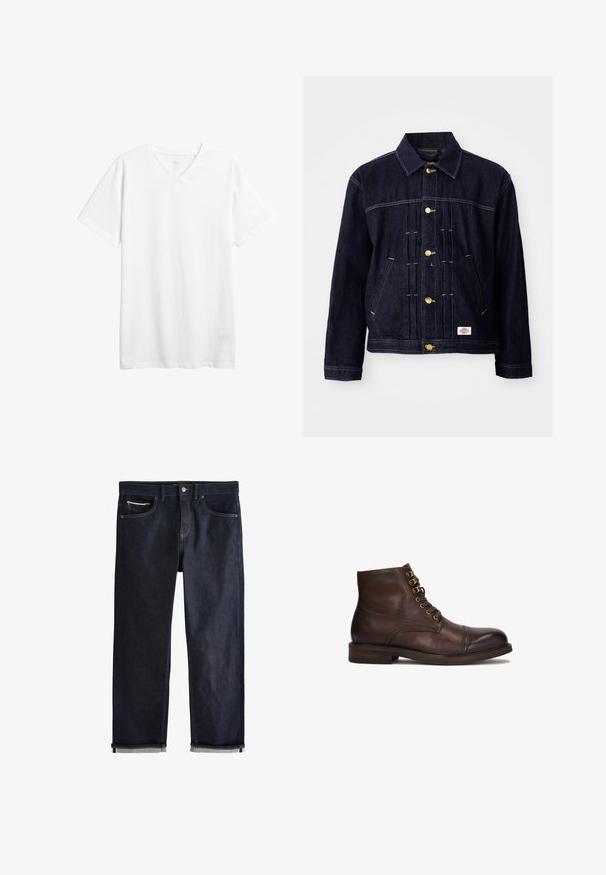 Dunkelblaue Jeansjacke mit klassischem Design, goldfarbenen Knöpfen, zwei Fronttaschen und sichtbaren Nähten. Weiche Textur und strukturierte Form.; Weißes kurzärmliges V-Ausschnitt-T-Shirt aus Baumwolle. Verfügt über einen lässigen Schnitt und eine glatte Textur ohne sichtbare Muster oder Grafiken.; Dunkelblaue Jeans aus Denim mit klassischem geradem Schnitt, fünf Taschen, Knopfverschluss und umgeschlagenen Bündchen, die eine hellblaue Innenseite zeigen.; Kazar CYMONN - Schnürstiefelette - brown