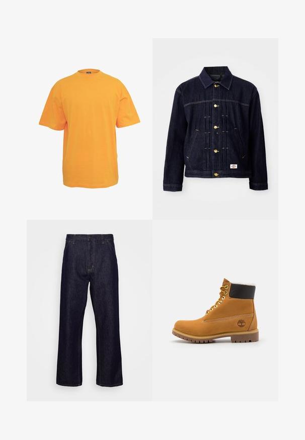 Mørkeblå denimjakke med klassisk design, gyldne knapper, to forlommer og synlige syningsdetaljer. Blød tekstur og struktureret form.; Orange bomulds t-shirt med rund halsudskæring, korte ærmer og en afslappet pasform. Ingen mønstre eller detaljer. Glat tekstur.; Mørkeblå lige ben denim jeans med forlommer, bæltestropper, lynlås og knaplukning, præsenteret foran en simpel hvid baggrund.; Brune læder ankelstøvle med metaløjer, hvid pelsforing, sort polstret krave, robust sål og præget logo på siden.