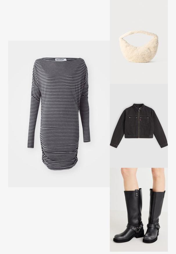Zwart cropped denim jack met een rits aan de voorkant, twee borstzakken met zilveren knopen en een drukknoop kraag.; Gestreepte langemouwen jurk in zwart en grijs. Heeft een ontspannen pasvorm, een ronde halslijn en zijdelingse ruching. Gemaakt van zachte stof.; Zwarte leren kniehoog laarzen met een brede schacht, bandjesdetails, zilveren hardware en een platte zool. Soepele textuur met een lichte glans.; Crème kleurige tas met een zachte, pluizige textuur. Gebogen vorm en een brede schouderband voor gemakkelijk dragen. Eenvoudig ontwerp, zonder zichtbare hardware of accenten.