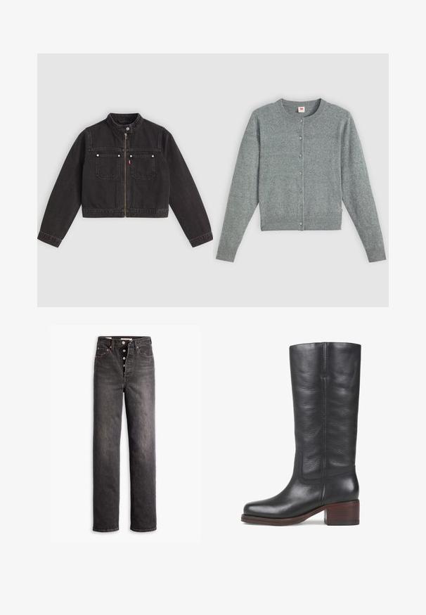 Sort cropped denimjakke med frontlynlås, to brystlommer med sølvknapper og en trykknapkrave.; Grå, langærmet cardigan lavet af blødt uld-blanding, med rund hals, knappelukning og ribbet kant og manchetter.; Sorte højtaljede jeans med lige ben-design, lavet af denim. Features en knaplukning, kobberdetaljer og kontrastsyninger.; Sorte læderknæhøje støvler med en glat overflade, firkantet tå og stablet træhæl. Har subtile syninger og et side-søm design.