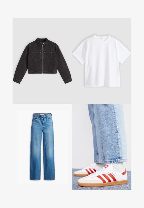 Sort cropped denimjakke med frontlynlås, to brystlommer med sølvknapper og en trykknapkrave.; Hvid bomuld t-shirt med korte ærmer, rund hals, afslappet pasform, glat tekstur og en lille logolabel på venstre sidesøm.; Blå denimjeans med høj talje, vidde ben og fem lomme-design. Har en knaplukning og en falmet finish.; Hvide lædersneakers med røde striber og accenter. Har en tekstureret gummisål og polstret krave. Bæres med lyseblå denim.