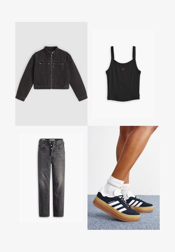 Must musta lühike teksajakk ees lukuga, kahe rinnataskuga hõbedaste nuppudega ja nööpkaelusega.; Must mustriba tank top õhukeste rihmadega, mille esiküljel on väike punane Levi's logo ja sirge alläär.; Mustad teksased sirge lõike, viie tasku, nööbipael ja kontrastsed õmbluse detailid. Tekstureeritud kangas, millel on pleekinud viimistlus.; Jalad valgete sokkide ja mustade Adidas Gazelle tossudega, millel on valged triibud ja paksud pruunid tallad, halli vaibaga põrandal.