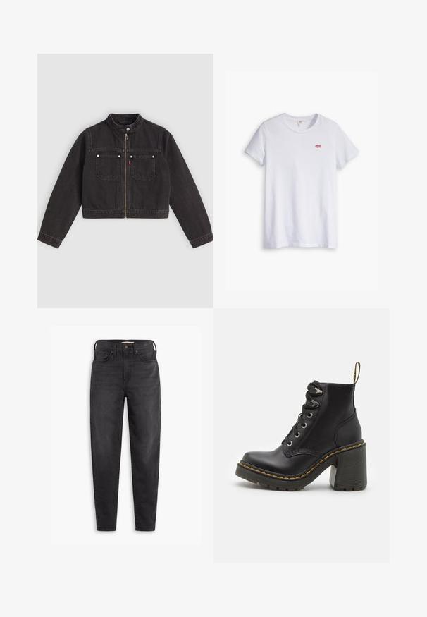 Sort cropped denimjakke med frontlynlås, to brystlommer med sølvknapper og en trykknapkrave.; Hvid bomulds t-shirt med korte ærmer og rund halsudskæring. Har et lille rødt Levi's-logo på venstre brystområde.; Sorte højtaljede slim-fit jeans med for- og baglommer, knaplukning og bæltestropper, præsenteret på en hvid baggrund.; Sorte læder ankelstøvler med en kraftig høj hæl, snørebånd foran, metaløjer og gule sting langs sålen. Tekstureret gummisål.