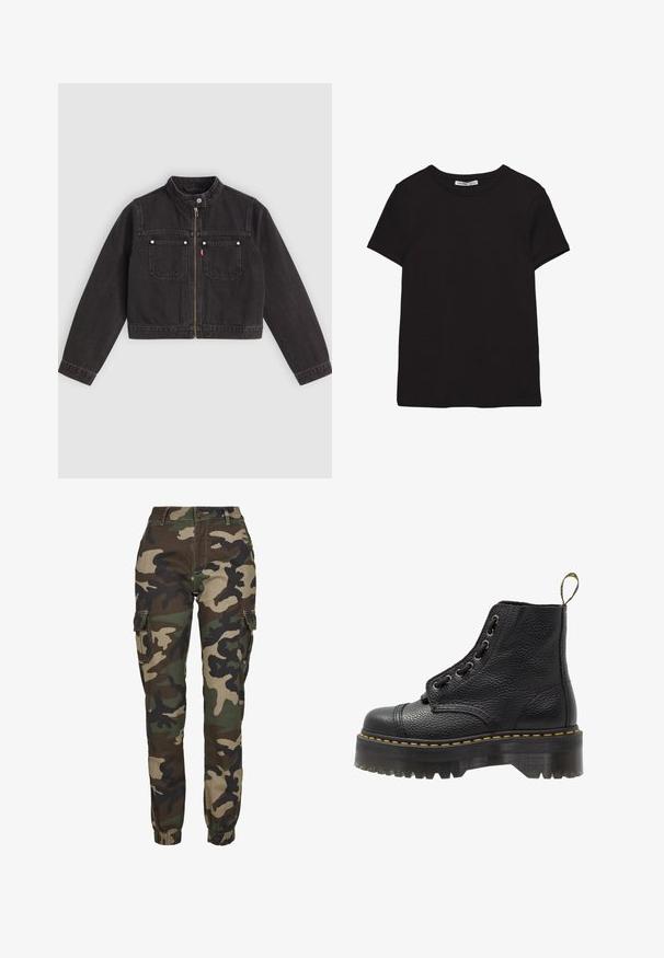 Sort cropped denimjakke med frontlynlås, to brystlommer med sølvknapper og en trykknapkrave.; Sort kortærmet t-shirt i bomuld med rund halsudskæring, standard pasform og synlig indvendig halsmærkat.; Kamuflage cargo bukser i nuancer af grøn, brun og sort; har elastiske manchetter, sidelommer og en sikker knaplukning.; Sorte læder ankelstøvler med tekstureret overflade, rund tå, snørebåndsdesign, gule stikninger og en tyk, rillet sort platformsål.