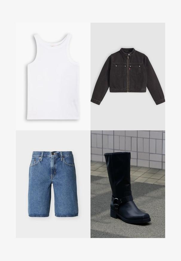 Veste en jean noire courte avec fermeture éclair devant, deux poches poitrine avec des boutons en argent, et un col à bouton-pression.; Débardeur en coton blanc avec de larges bretelles, un col rond et une texture lisse et côtelée. Aucun motif ni accent présent.; Shorts en denim bleu jusqu'au genou avec bouton et fermeture éclair à l'avant, poches avant et passants de ceinture sur un fond clair uni.; Botte en cuir noire mi-mollet avec un petit talon bloc et une bride décorative avec boucle métallique autour de la cheville, sur un trottoir carrelé.