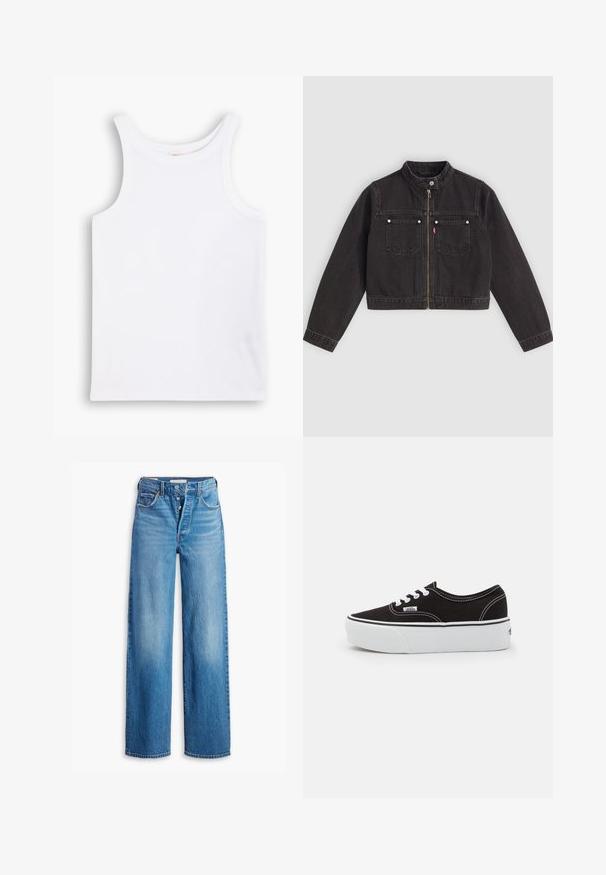 Sort cropped denimjakke med frontlynlås, to brystlommer med sølvknapper og en trykknapkrave.; Hvid bomulds tanktop med brede skulderstropper, en rund halsudskæring og en glat, ribbet tekstur. Ingen mønstre eller detaljer til stede.; Blå denimjeans med høj talje, vidde ben og fem lomme-design. Har en knaplukning og en falmet finish.; Sort lærred sneakers med en hvid gummi platform sål, der har hvide snørebånd og syninger, ikonisk branding på siden, lav-top design.