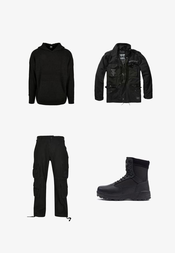 Brandit MOTÖRHEAD M65 - Jas - black; Zwarte geribbelde gebreide hoodie met een voorzak en een capuchon met trekkoord. Heeft een losse fit en een gestructureerd patroon op de stof.; Zwarte cargobroek van duurzaam materiaal, met meerdere zijzakken, een relaxed fit en verstelbare enkelbanden.; Zwarte tactical boot met een gladlederen bovenkant en stofpanelen, hoge enkelontwerp, vetersluiting aan de voorkant en robuuste rubberen zool.