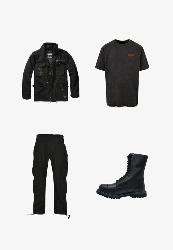 Brandit MOTÖRHEAD M65 - Kerge jope - black; Must musta T-särk ümmarguse kaelusega, lühikeste varrukatega ja kontrastse pruunis vastu oleva tekstiga "migonales" vasakul rinna kohal.; Mustad mustat cargo püksid, mis on valmistatud vastupidavast kangast, mitme küljetaskuga, vabalt istuv ja reguleeritavate pahkluuringide rihmadega.; Must musta-läbimisega saapad ümara varbaga, kõrge varrega, paksu kummitaldaga ja tekstureeritud pinnaga. Omab tugevdatud õmblusi õmbluskohtades.